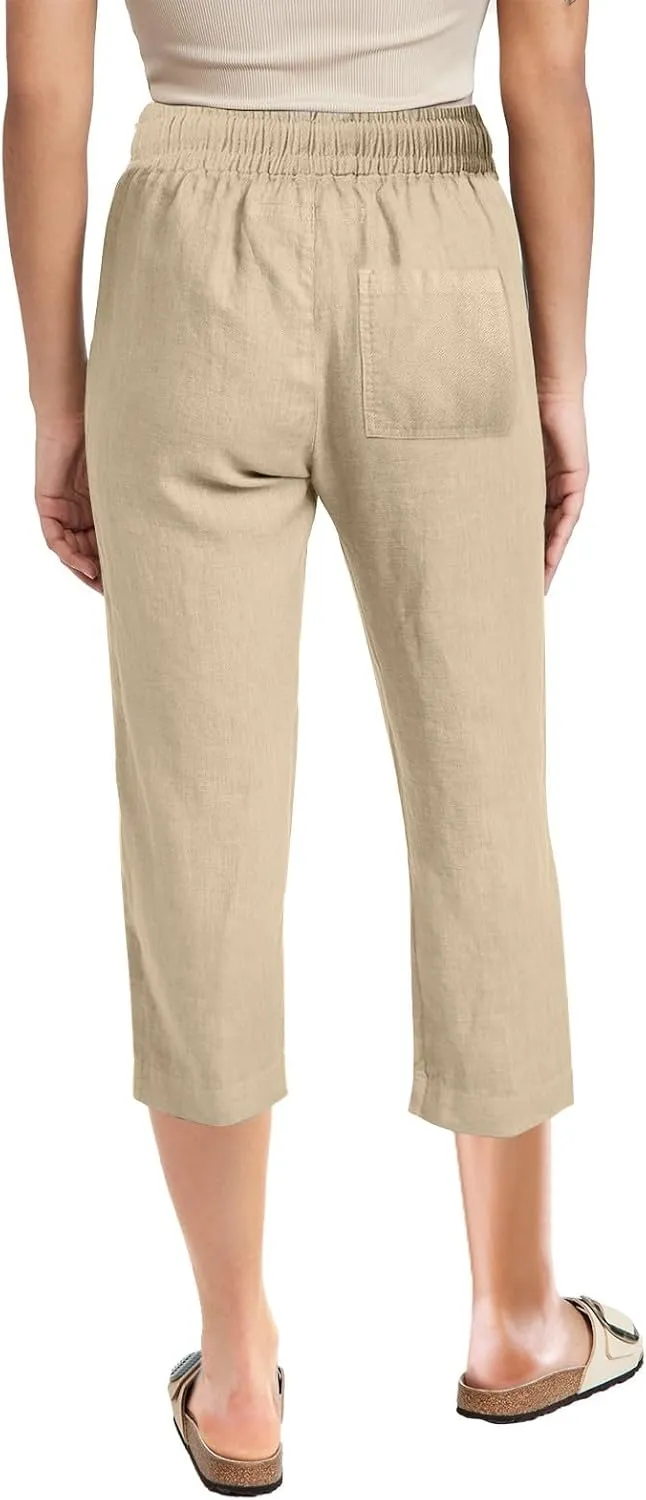 High Waist Cotton Linen Capri Pants for Women Straight Leg Elastic Drawstring 3/4 Shorts Breathable Summer Beach Yoga Pant