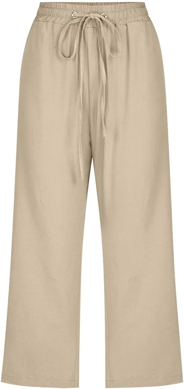 High Waist Cotton Linen Capri Pants for Women Straight Leg Elastic Drawstring 3/4 Shorts Breathable Summer Beach Yoga Pant