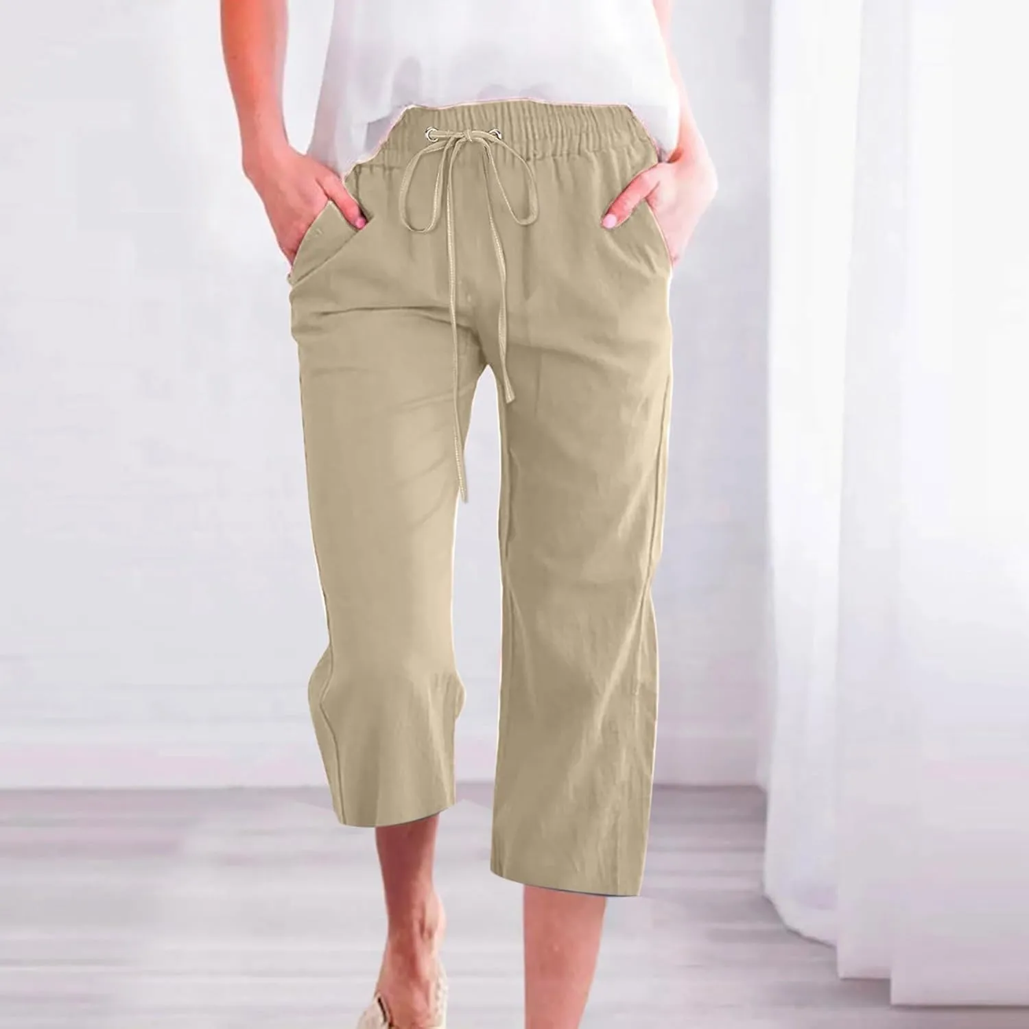 High Waist Cotton Linen Capri Pants for Women Straight Leg Elastic Drawstring 3/4 Shorts Breathable Summer Beach Yoga Pant