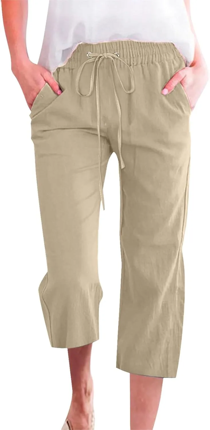 High Waist Cotton Linen Capri Pants for Women Straight Leg Elastic Drawstring 3/4 Shorts Breathable Summer Beach Yoga Pant