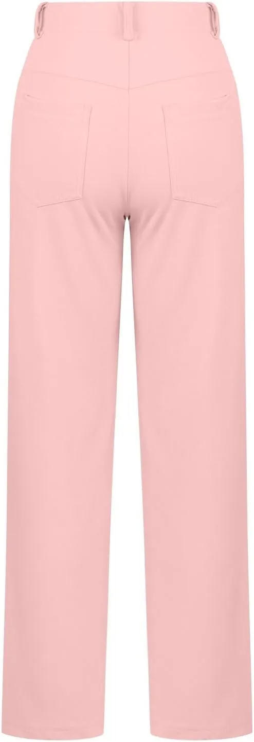 High Waist Work Pants for Women Casual Straight Leg Trousers Stretch Waist Basic Solid Color Office Dress Pants