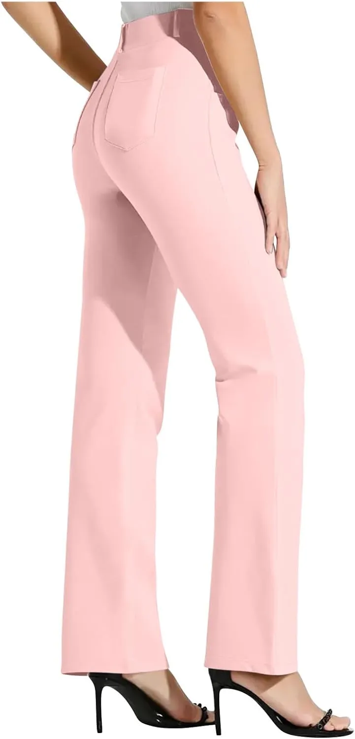 High Waist Work Pants for Women Casual Straight Leg Trousers Stretch Waist Basic Solid Color Office Dress Pants