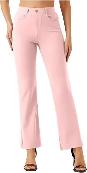 High Waist Work Pants for Women Casual Straight Leg Trousers Stretch Waist Basic Solid Color Office Dress Pants