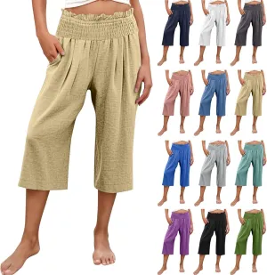 High Waisted Palazzo Pants for Women Wide Leg Linen Capri Pant Casual Summer Beach Cropped Trousers with Pockets