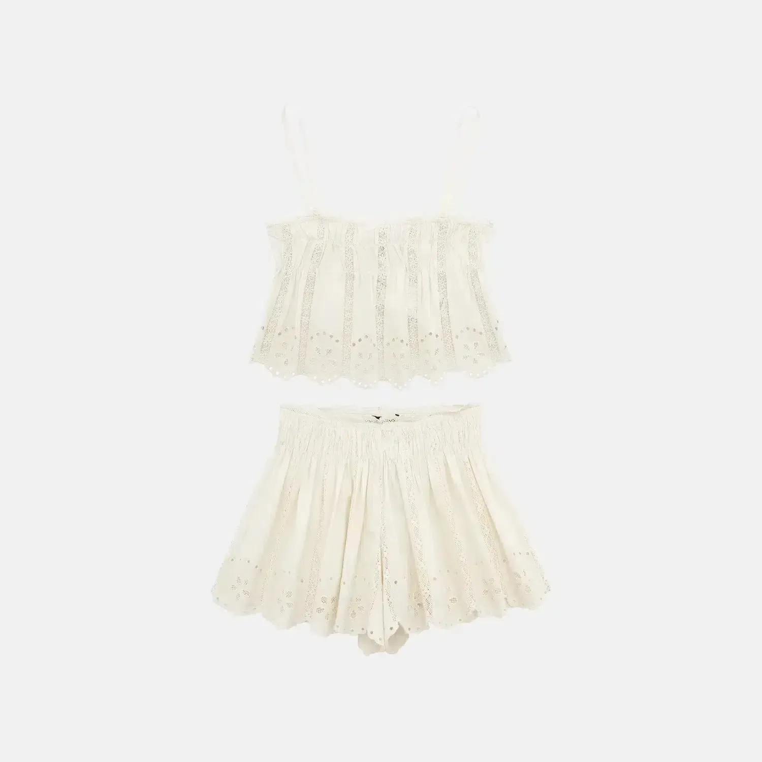 Ibérica Glow Set – Cream – Embroidered top with lace shorts