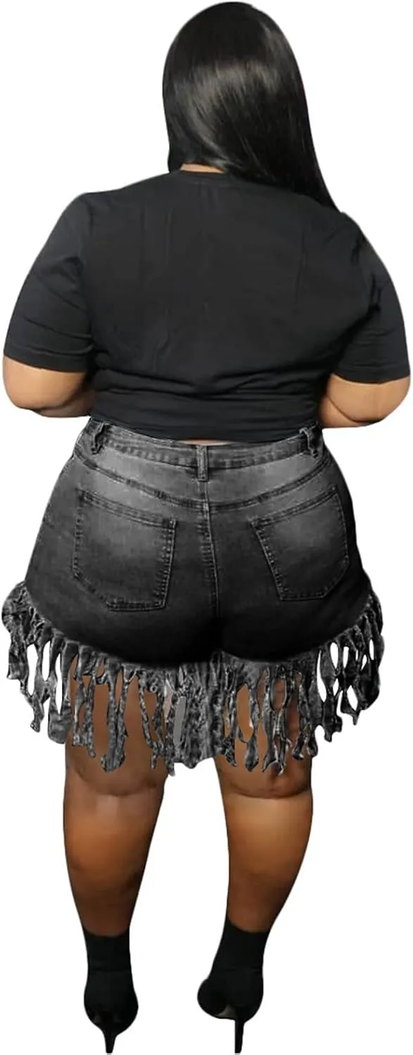JEKE-DG Women Frayed Raw Denim Shorts High Waisted Tassels Stretchy Short Pants Hem Short Jeans Clubwear Jeans Short