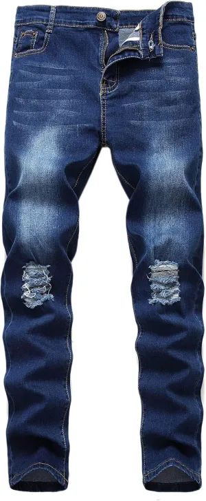 Kihatwin Big Boy's Casual Skinny Ripped Jeans Slim Fit Distressed Zipper Pants with Holes