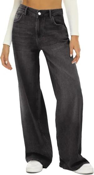 Kubbon Womens Wide Leg Jeans Baggy High Waist Straight Leg Denim Pants Casual Loose Fit Stretchy Trousers with Pockets
