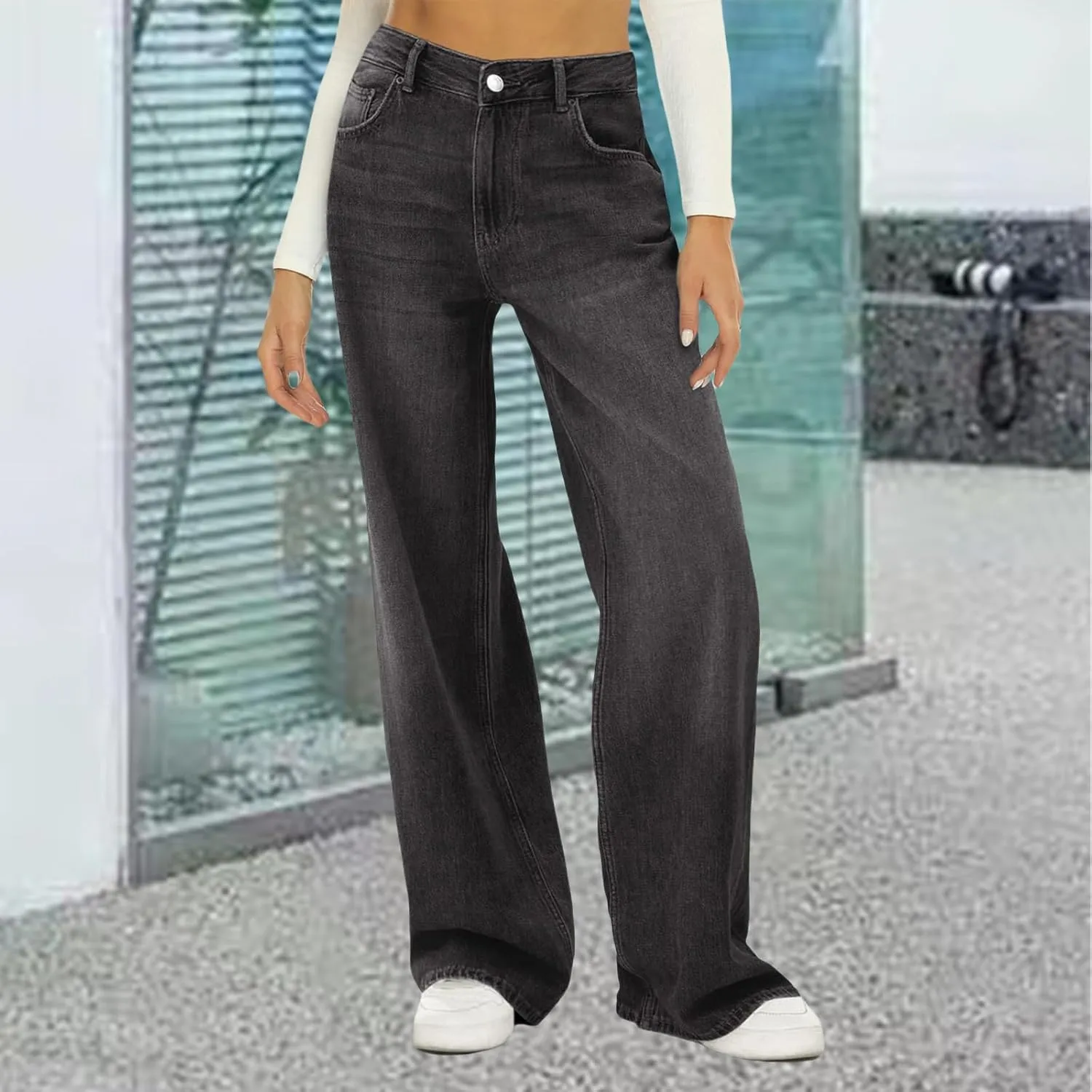 Kubbon Womens Wide Leg Jeans Baggy High Waist Straight Leg Denim Pants Casual Loose Fit Stretchy Trousers with Pockets