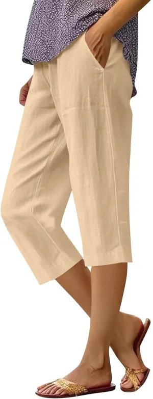 Linen Capri Pants for Women Cotton Linen Pants Casual 2025 Comfy Trendy Elastic Waist Trouser Beach Vacation Clothes