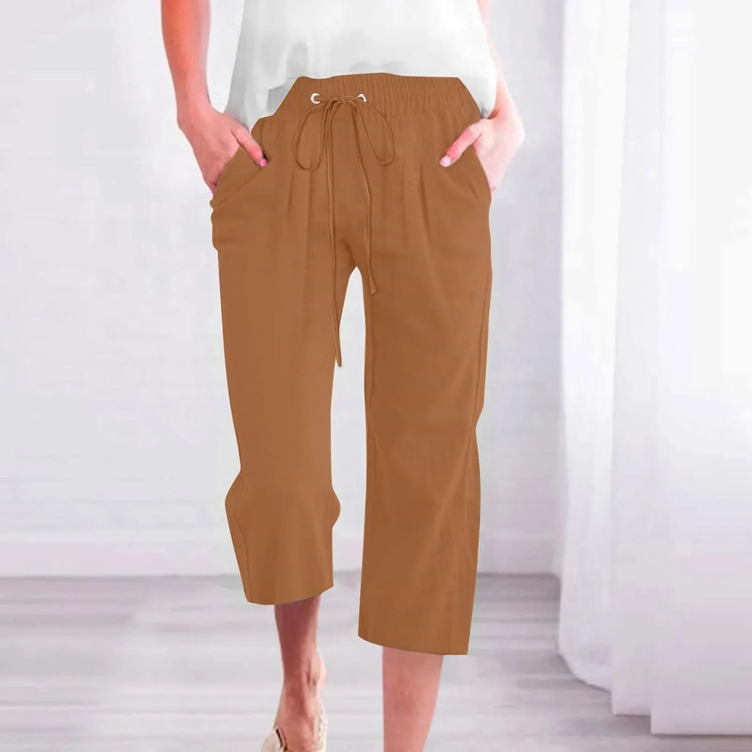 Linen Capris Pants Womens 3/4 Length Cropped Pants Elastic High Waist Summer Work Lounge 3 Quarter Shorts with Pocket