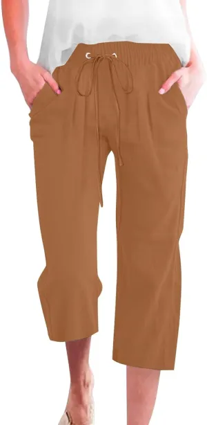 Linen Capris Pants Womens 3/4 Length Cropped Pants Elastic High Waist Summer Work Lounge 3 Quarter Shorts with Pocket