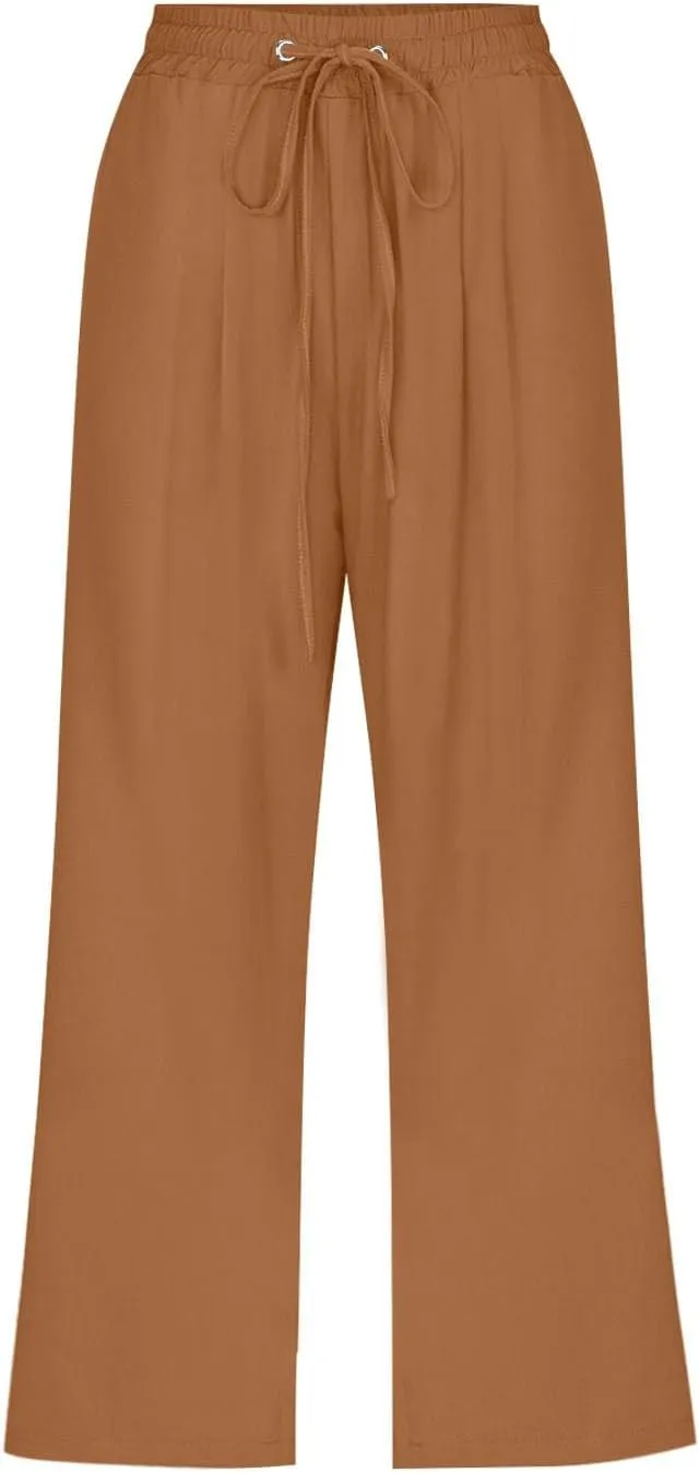 Linen Capris Pants Womens 3/4 Length Cropped Pants Elastic High Waist Summer Work Lounge 3 Quarter Shorts with Pocket