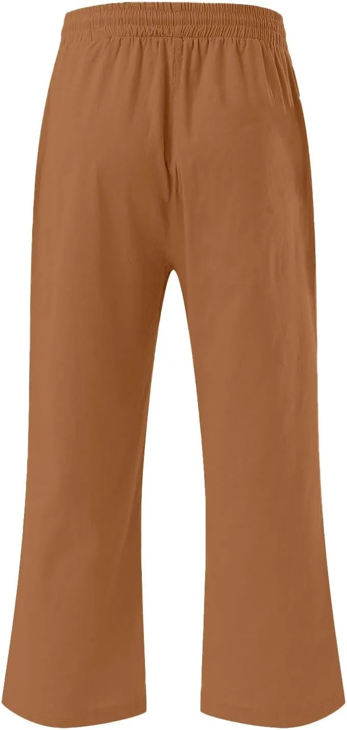 Linen Capris Pants Womens 3/4 Length Cropped Pants Elastic High Waist Summer Work Lounge 3 Quarter Shorts with Pocket