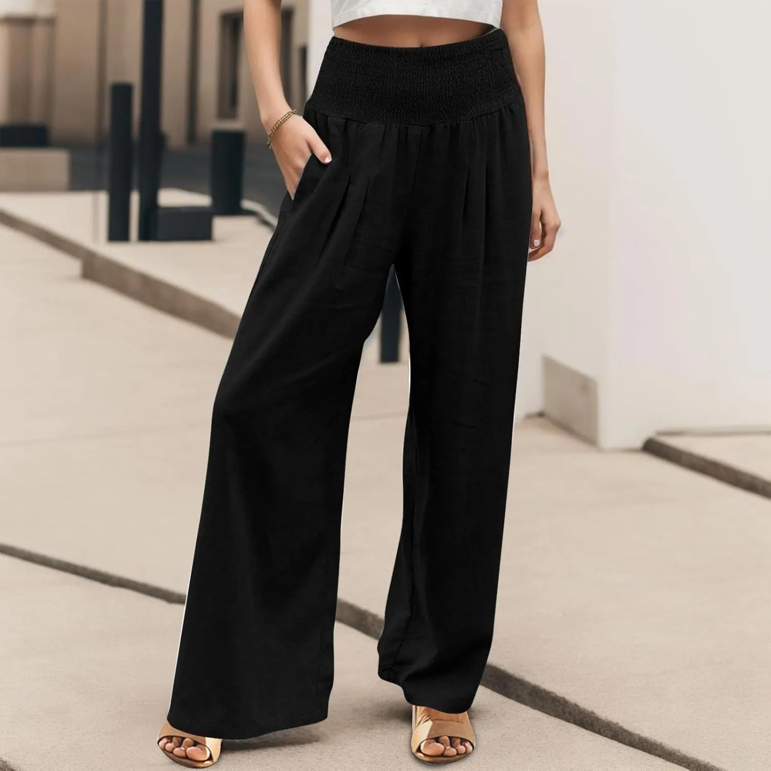 Linen Cotton Wide Leg Pants Women Casual Baggy 2024 Summer Palazzo Trousers Elastic High Waist Solid Straight Wide Leg Pants