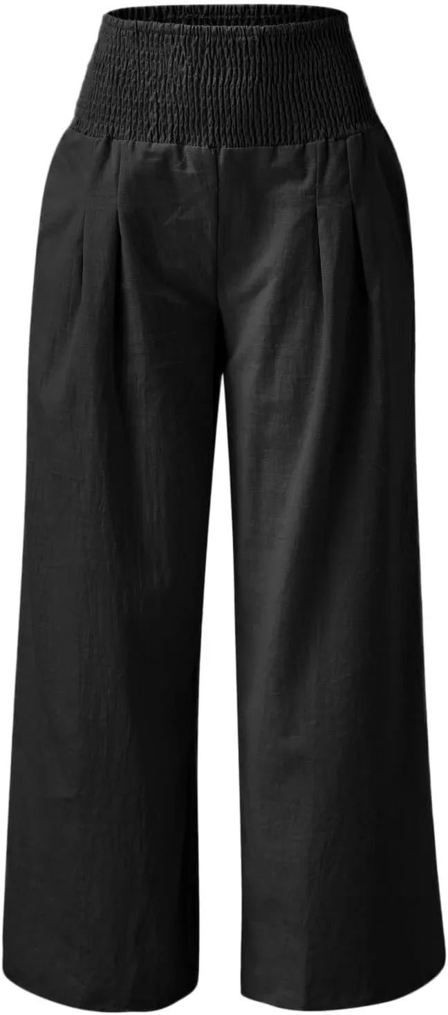Linen Cotton Wide Leg Pants Women Casual Baggy 2024 Summer Palazzo Trousers Elastic High Waist Solid Straight Wide Leg Pants
