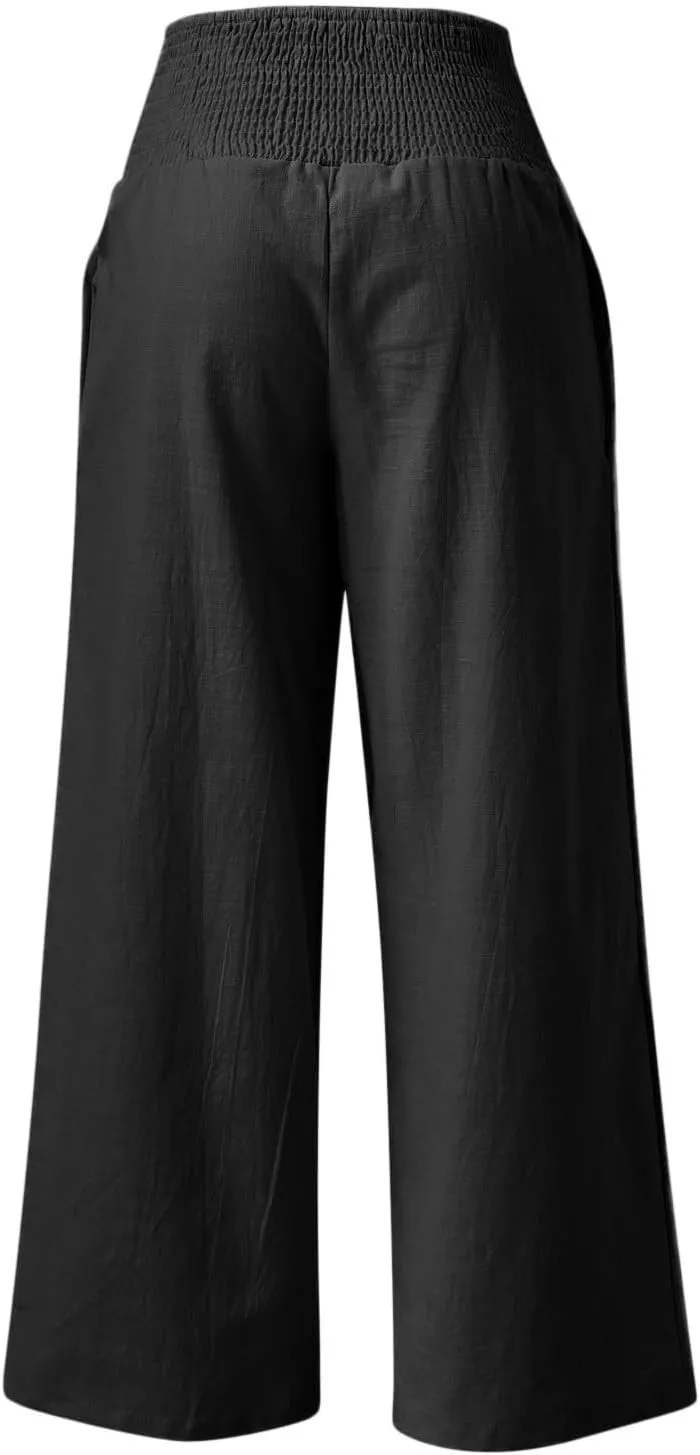 Linen Cotton Wide Leg Pants Women Casual Baggy 2024 Summer Palazzo Trousers Elastic High Waist Solid Straight Wide Leg Pants
