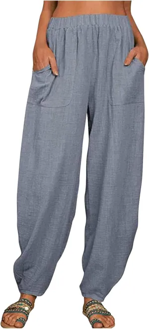 Linen Harem Pants for Women Summer Light Weight Quick Dry Pants Loose Wide Leg Trousers Pocket Elastic Waist Pants