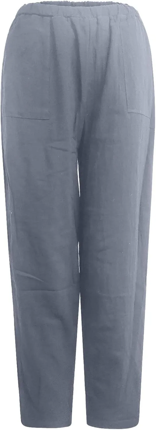 Linen Harem Pants for Women Summer Light Weight Quick Dry Pants Loose Wide Leg Trousers Pocket Elastic Waist Pants