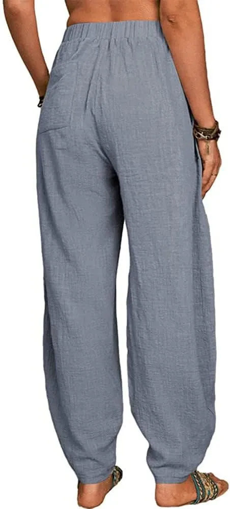 Linen Harem Pants for Women Summer Light Weight Quick Dry Pants Loose Wide Leg Trousers Pocket Elastic Waist Pants
