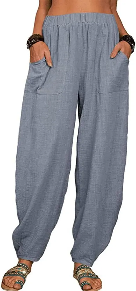 Linen Harem Pants for Women Summer Light Weight Quick Dry Pants Loose Wide Leg Trousers Pocket Elastic Waist Pants