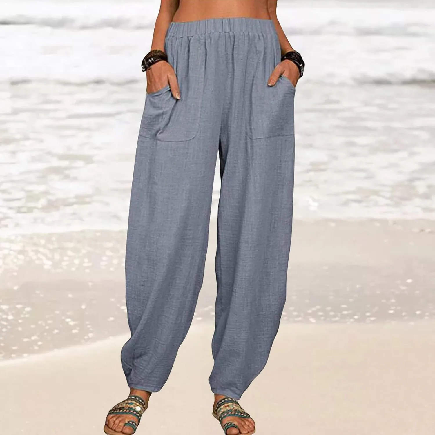 Linen Harem Pants for Women Summer Light Weight Quick Dry Pants Loose Wide Leg Trousers Pocket Elastic Waist Pants