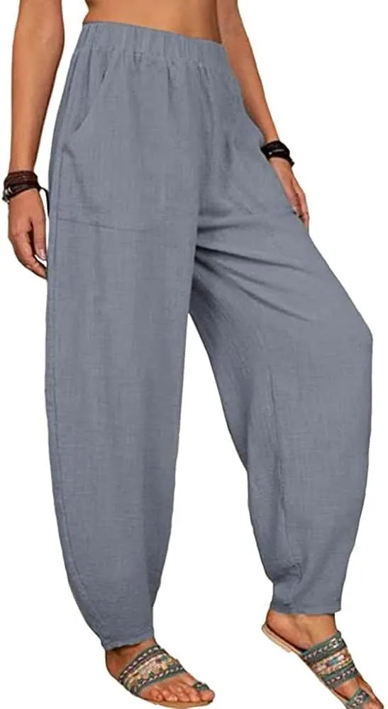 Linen Harem Pants for Women Summer Light Weight Quick Dry Pants Loose Wide Leg Trousers Pocket Elastic Waist Pants