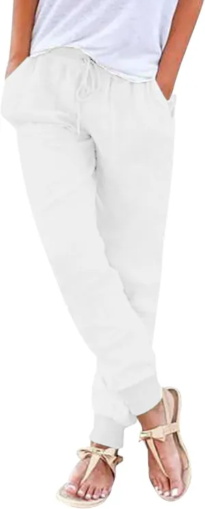 Linen Joggers for Women Casual Elastic High Waist Pants Drawstring Tapered Pants Sumemr Lightweight Trousers with Pockets