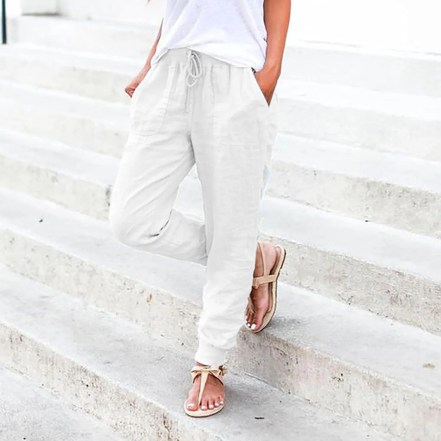 Linen Joggers for Women Casual Elastic High Waist Pants Drawstring Tapered Pants Sumemr Lightweight Trousers with Pockets