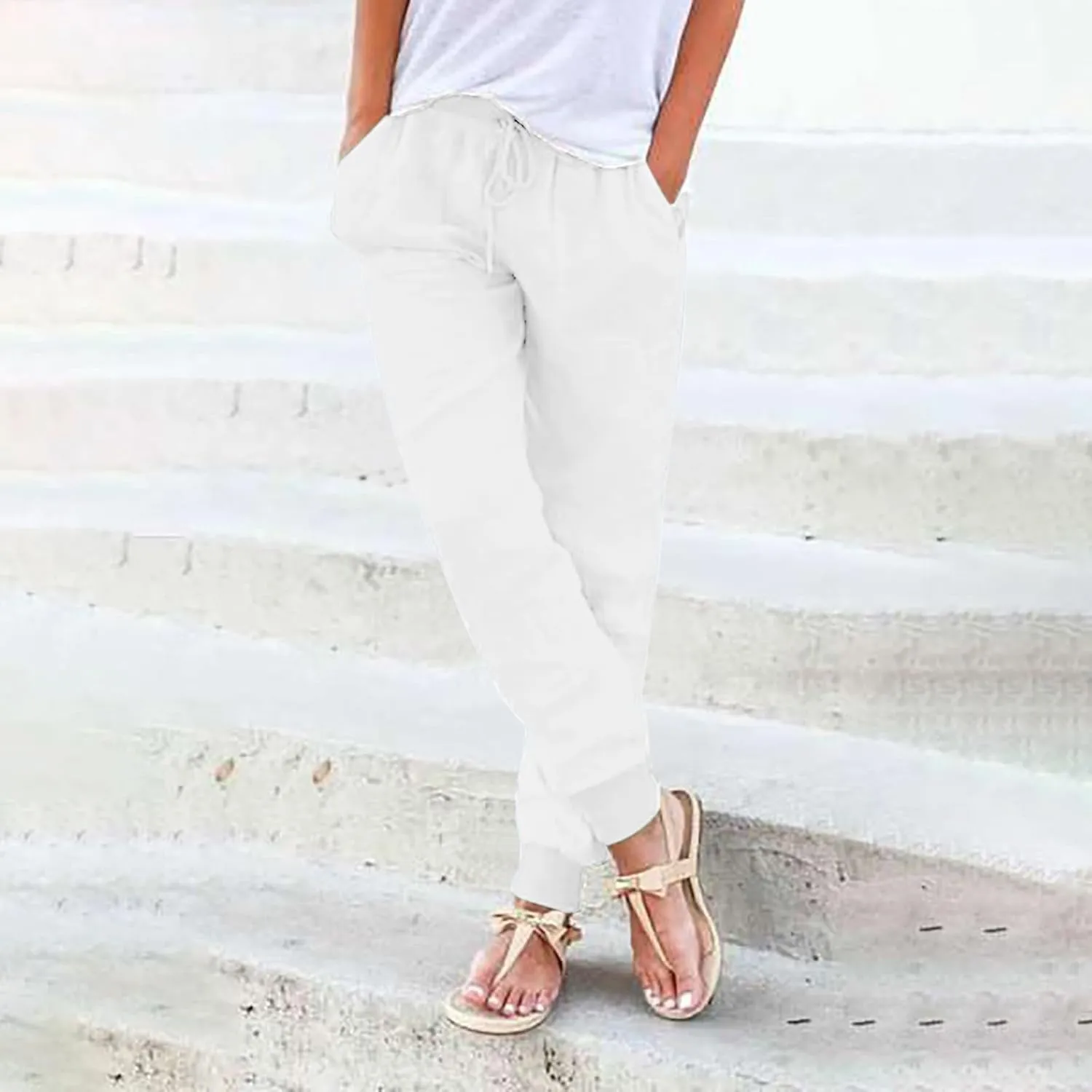 Linen Joggers for Women Casual Elastic High Waist Pants Drawstring Tapered Pants Sumemr Lightweight Trousers with Pockets