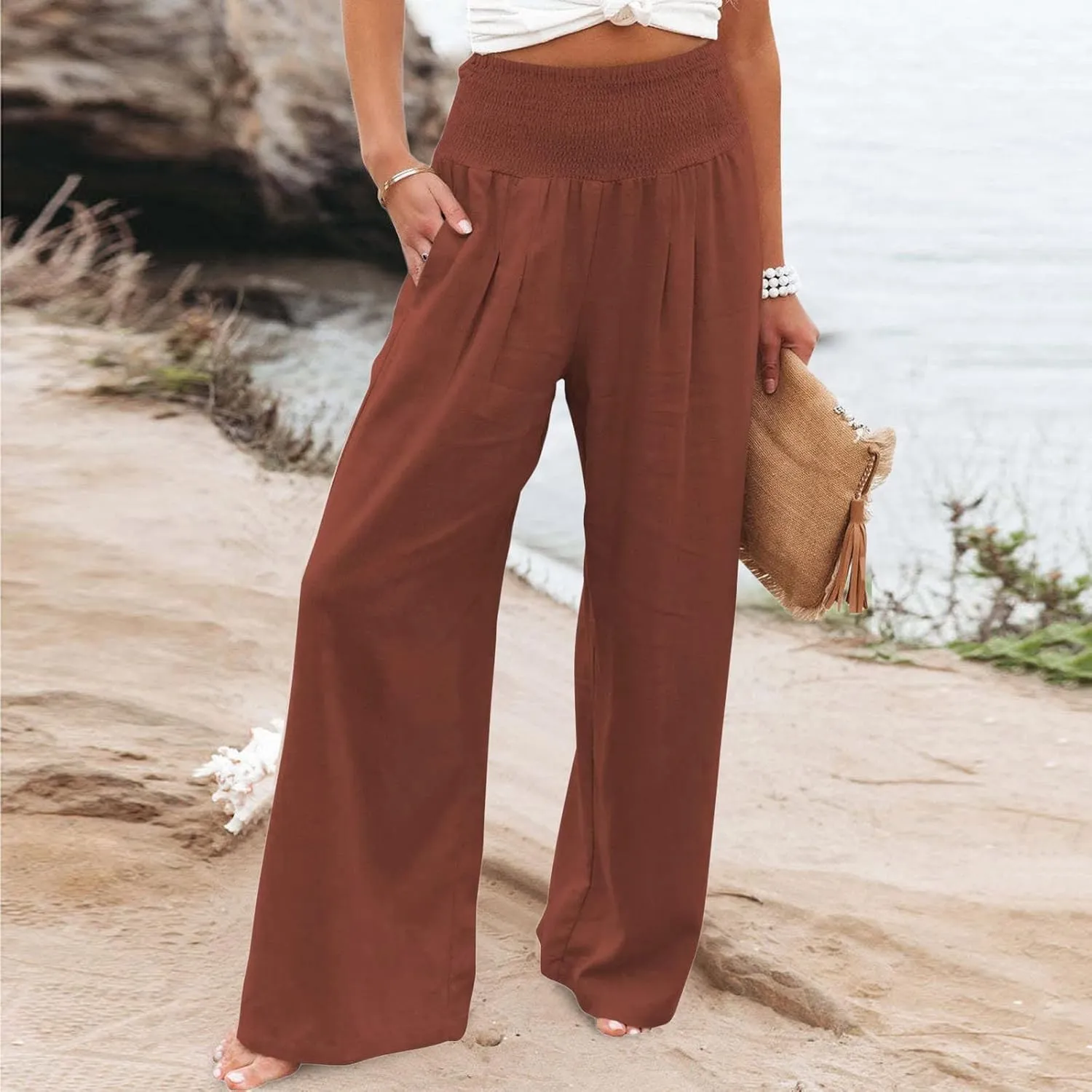 Linen Palazzo Pants for Women Wide Leg High Waist Flowy Summer Beach Loose Casual Lightweight Cotton Linen Trousers