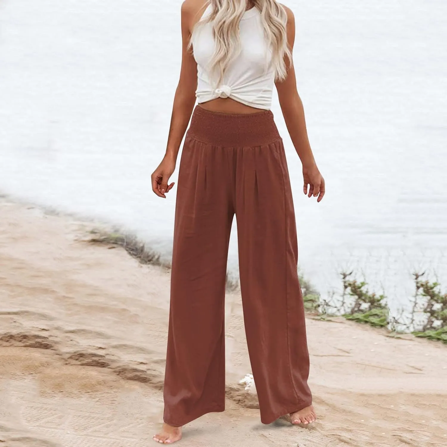 Linen Palazzo Pants for Women Wide Leg High Waist Flowy Summer Beach Loose Casual Lightweight Cotton Linen Trousers