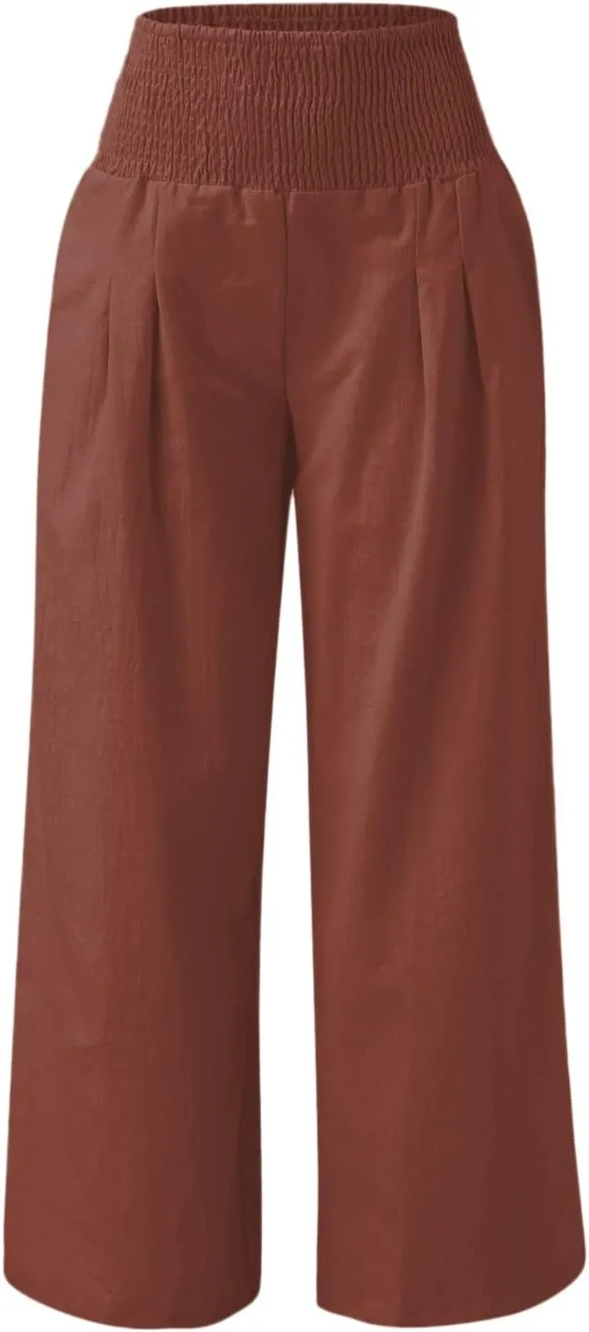 Linen Palazzo Pants for Women Wide Leg High Waist Flowy Summer Beach Loose Casual Lightweight Cotton Linen Trousers