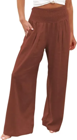 Linen Palazzo Pants for Women Wide Leg High Waist Flowy Summer Beach Loose Casual Lightweight Cotton Linen Trousers