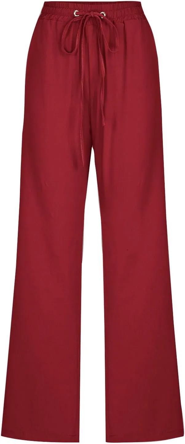 Linen Pants for Women Drawstring Elastic High Waist Pants Loose Straight Leg Lightweight Trousers Pants
