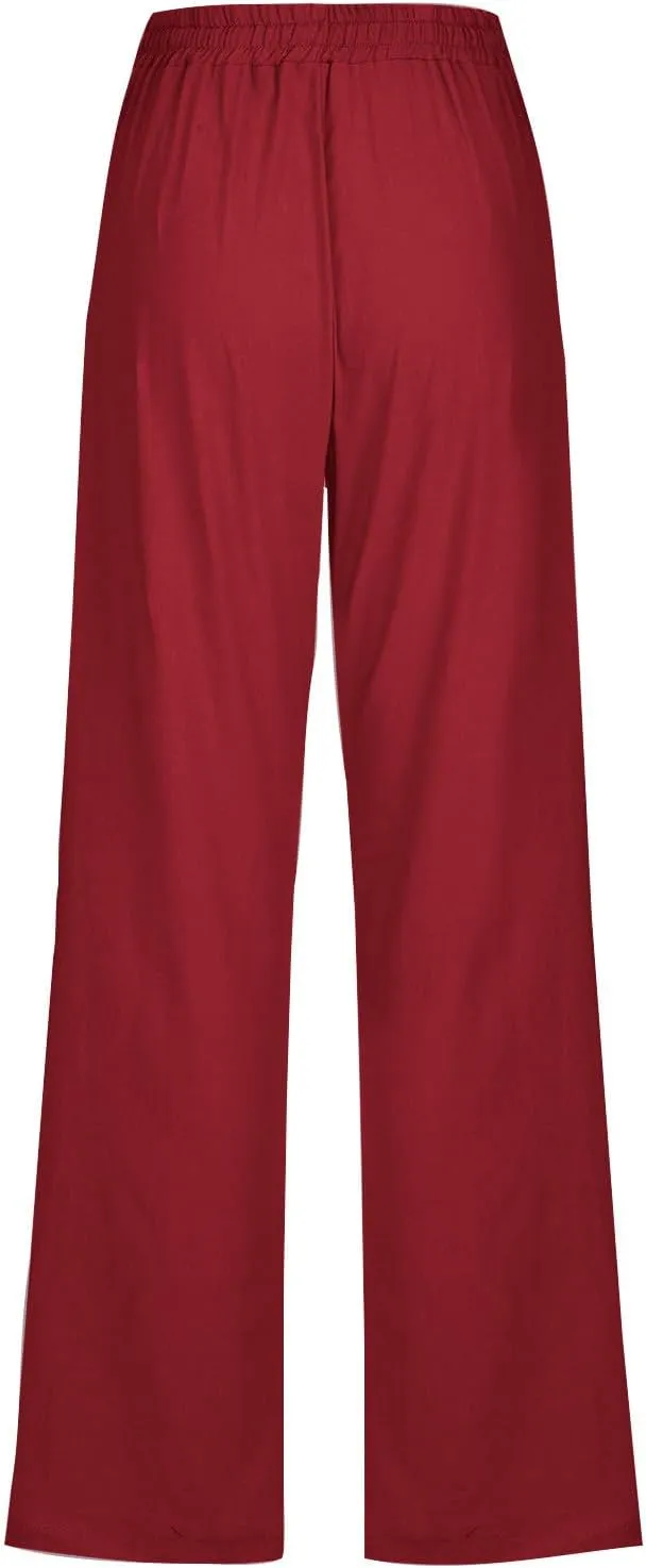 Linen Pants for Women Drawstring Elastic High Waist Pants Loose Straight Leg Lightweight Trousers Pants