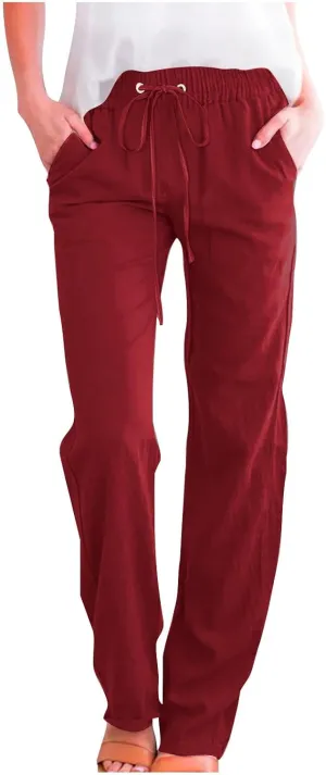 Linen Pants for Women Drawstring Elastic High Waist Pants Loose Straight Leg Lightweight Trousers Pants