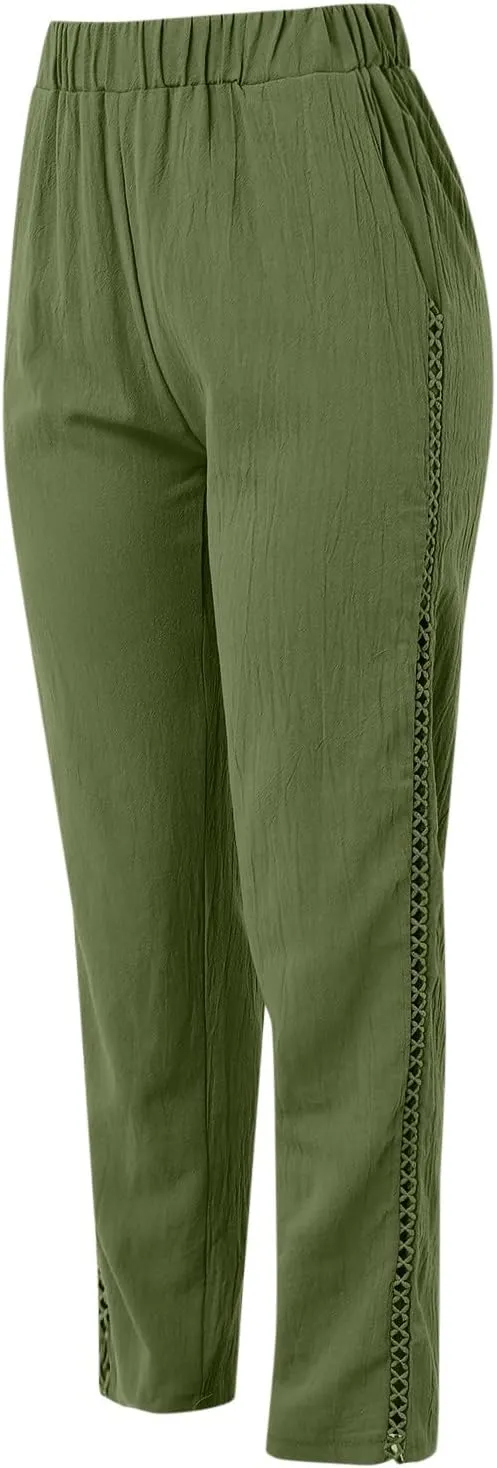 Linen Pants for Women Straight Leg Summer Cotton Side Hollow Trousers Casual High Waist Elastic Linen Beach Pants