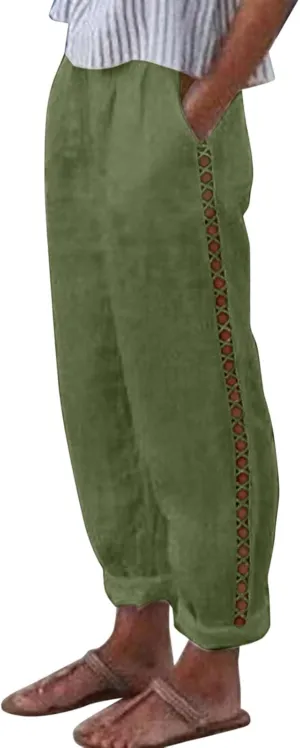 Linen Pants for Women Straight Leg Summer Cotton Side Hollow Trousers Casual High Waist Elastic Linen Beach Pants