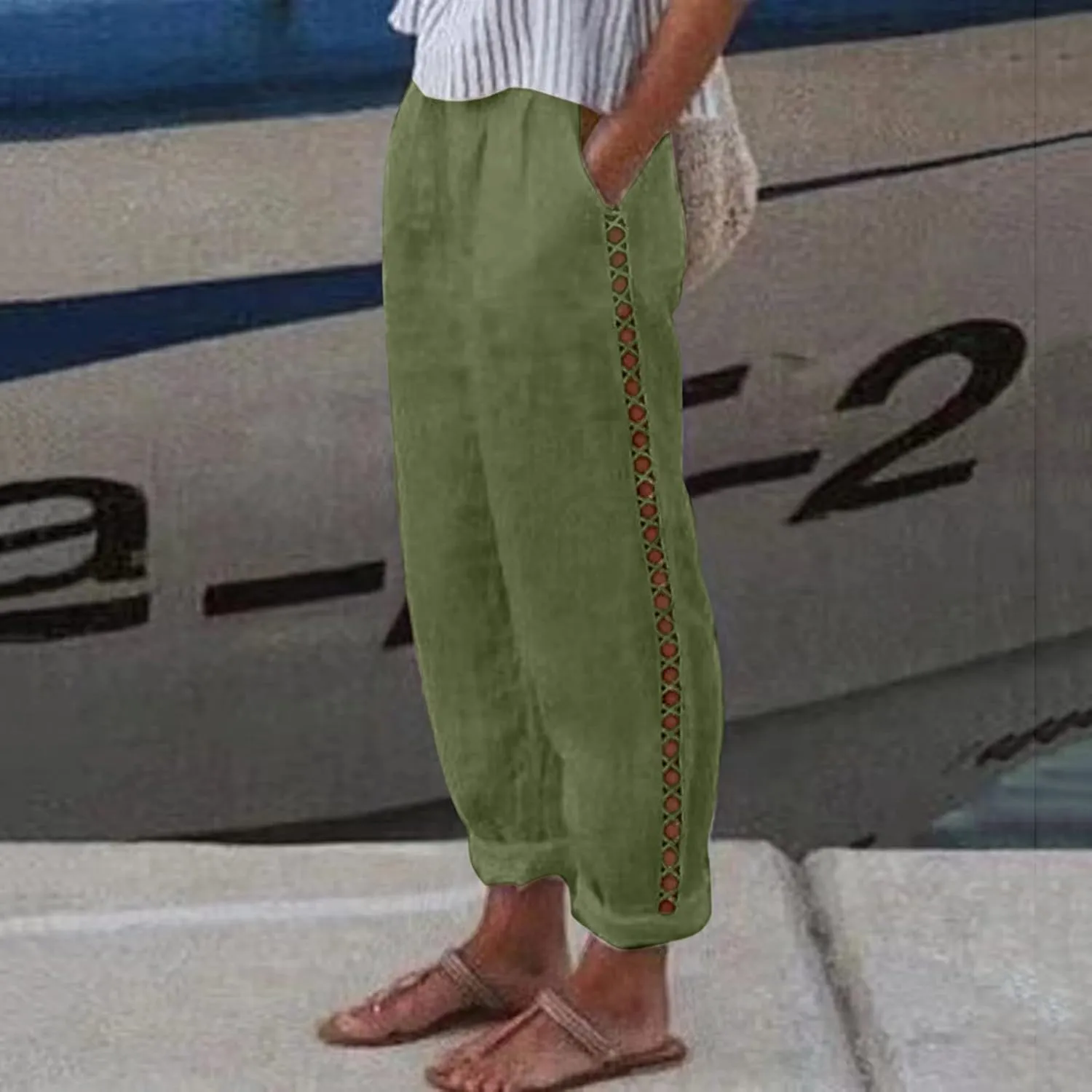 Linen Pants for Women Straight Leg Summer Cotton Side Hollow Trousers Casual High Waist Elastic Linen Beach Pants