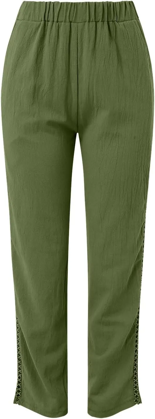 Linen Pants for Women Straight Leg Summer Cotton Side Hollow Trousers Casual High Waist Elastic Linen Beach Pants
