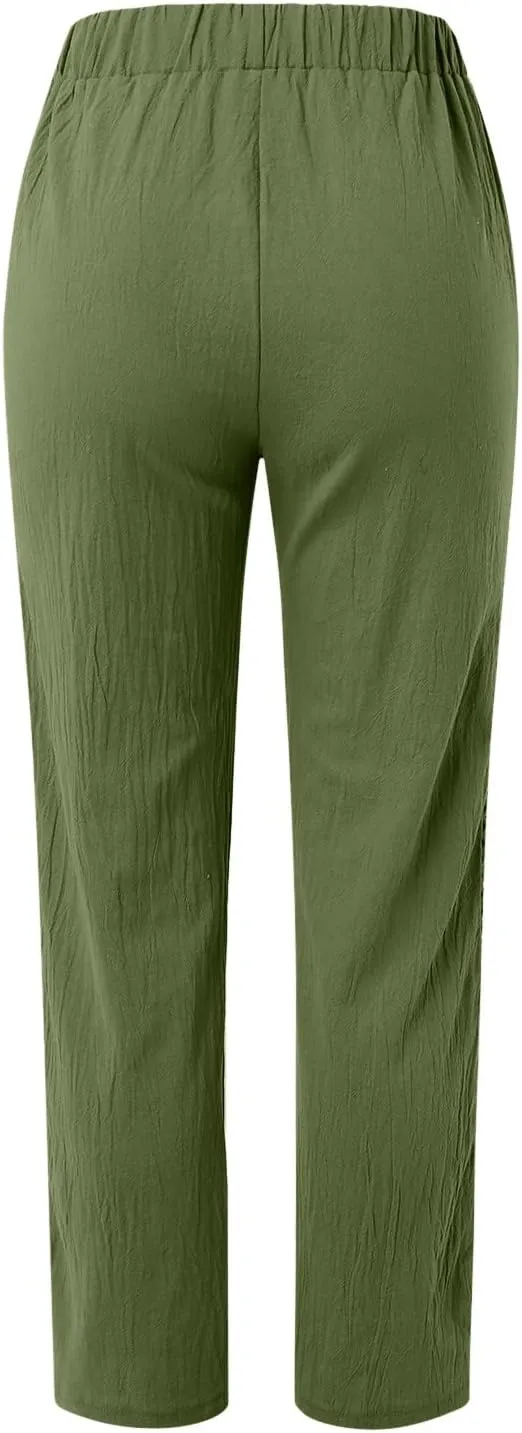 Linen Pants for Women Straight Leg Summer Cotton Side Hollow Trousers Casual High Waist Elastic Linen Beach Pants