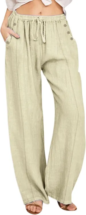 Linen Pants for Women Summer Elastic Waisted Wide Leg Palazzo Drawsting Pants Loose Beach Vacation Trousers