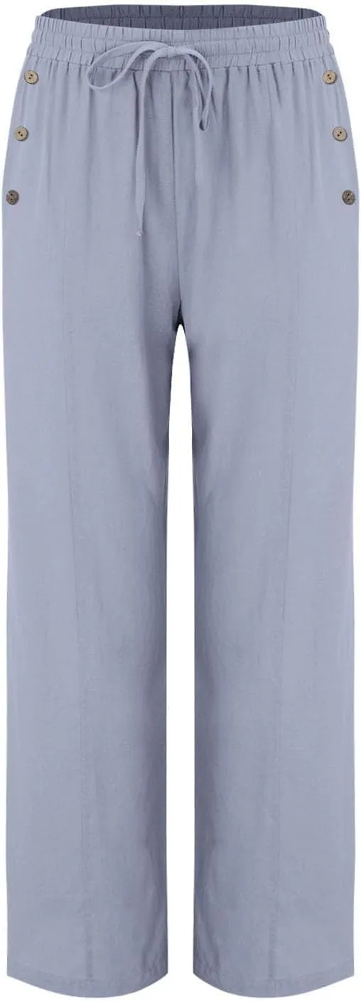 Linen Pants for Women Summer Elastic Waisted Wide Leg Palazzo Drawsting Pants Loose Beach Vacation Trousers