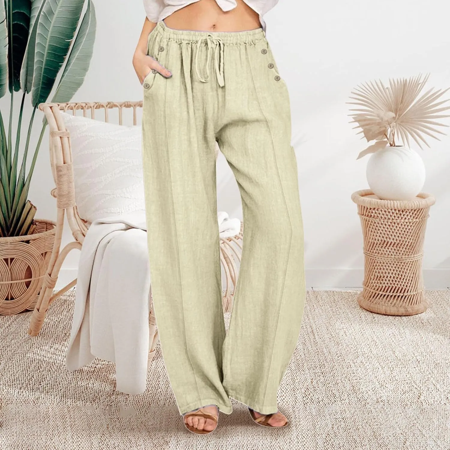Linen Pants for Women Summer Elastic Waisted Wide Leg Palazzo Drawsting Pants Loose Beach Vacation Trousers