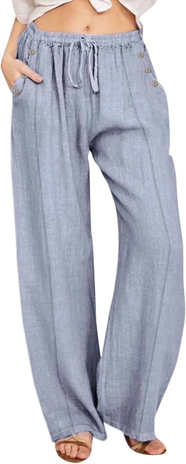 Linen Pants for Women Summer Elastic Waisted Wide Leg Palazzo Drawsting Pants Loose Beach Vacation Trousers