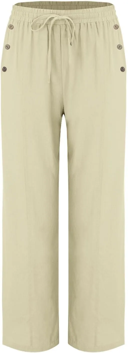 Linen Pants for Women Summer Elastic Waisted Wide Leg Palazzo Drawsting Pants Loose Beach Vacation Trousers