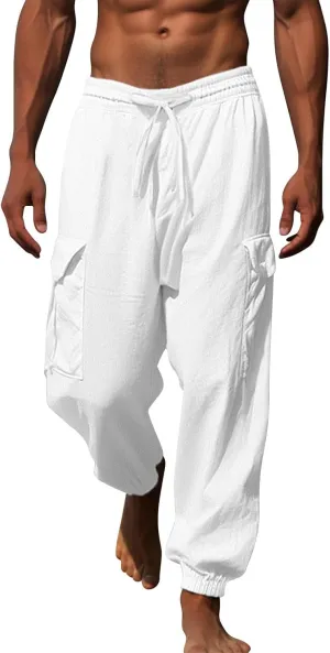 Linen Pants Mens Solid Beach Casual Tapered Pants Summer Vacation Drawstring Trousers Outdoor Plain Holiday Slacks