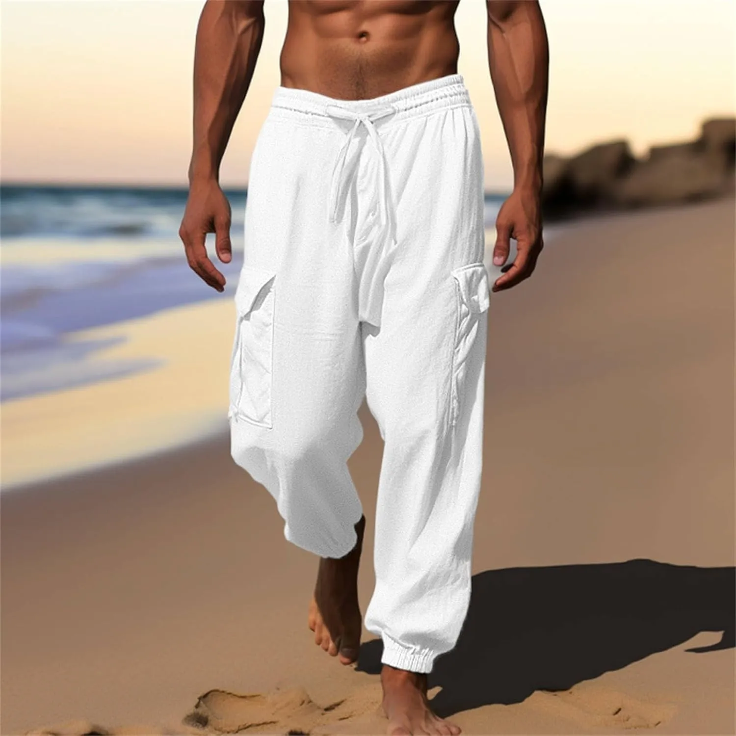 Linen Pants Mens Solid Beach Casual Tapered Pants Summer Vacation Drawstring Trousers Outdoor Plain Holiday Slacks