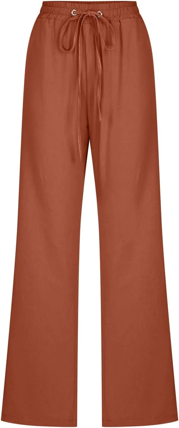 Linen Pants Women Casual Straight Leg Pants High Waist Drawstring Loose Fit Summer Pants Trousers with Pocket